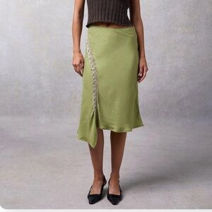 Rouje Asymmetrical Olive Skirt with Lace Accent